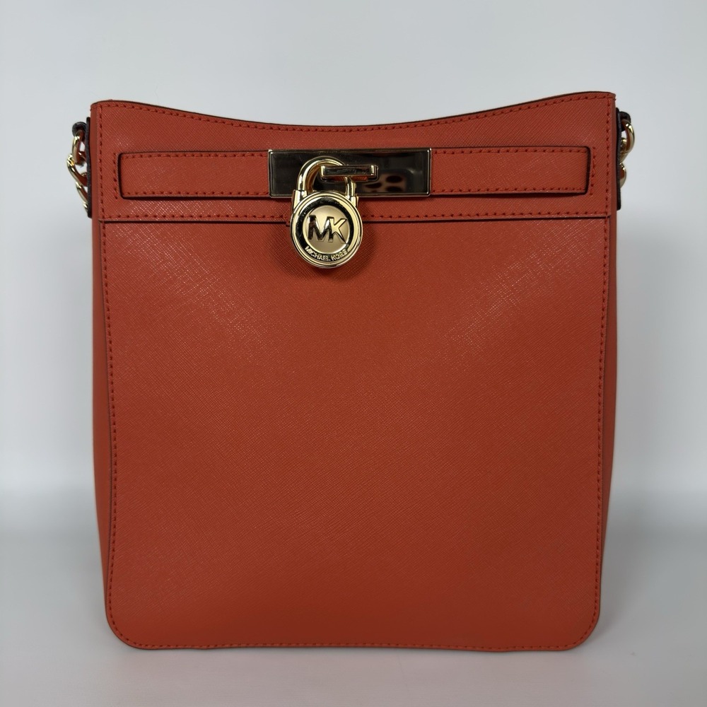 Michael Kors Hamilton Traveler Messenger Leather Bag Orange Adjustable Strap